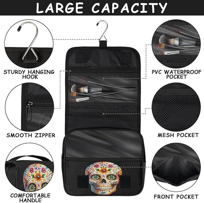 YoYoYuchong Travel Toiletry Bag for Women & Men Skull Cool Flower Hanging Cosmetic Organizer Portable Waterproof Makeup Case Make Up Bag with Compartments Travel Essentials for Bathroom Shower