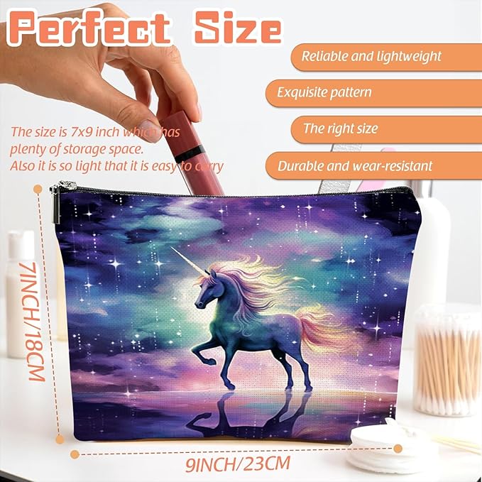Scribesense Makeup Bag Travel Cosmetic Bags Small Makeup Case Waterproof Zipper Pouch for Women Girls 7X9inches - Unicorn in A Starry And Cloudy Background