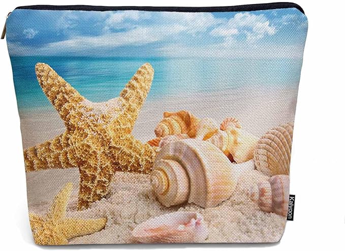 Kalygon Starfish Seashell Makeup Bag - Turquoise Ocean Cosmetic Bag with Zipper for Beach, Gym, Bathroom