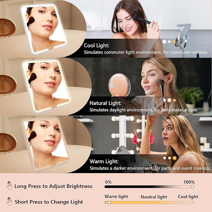 SLUMAZI Travel Makeup Bag with LED Mirror Travel Makeup Organizer with 3 Lighted Settings, Adjustable Dividers and Makeup Brush Storage Bag White