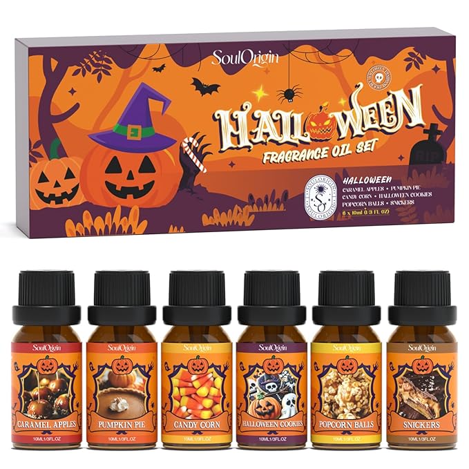 Soulorigin Halloween Fragrance Oils Set, Essential Oil for Diffuser, Diffuser Oil, Use for Soap Candle Making,Caramel Apples, Pumpkin Pie, Candy Corn, Halloween Cookies, Popcorn Balls, Snickers Bars