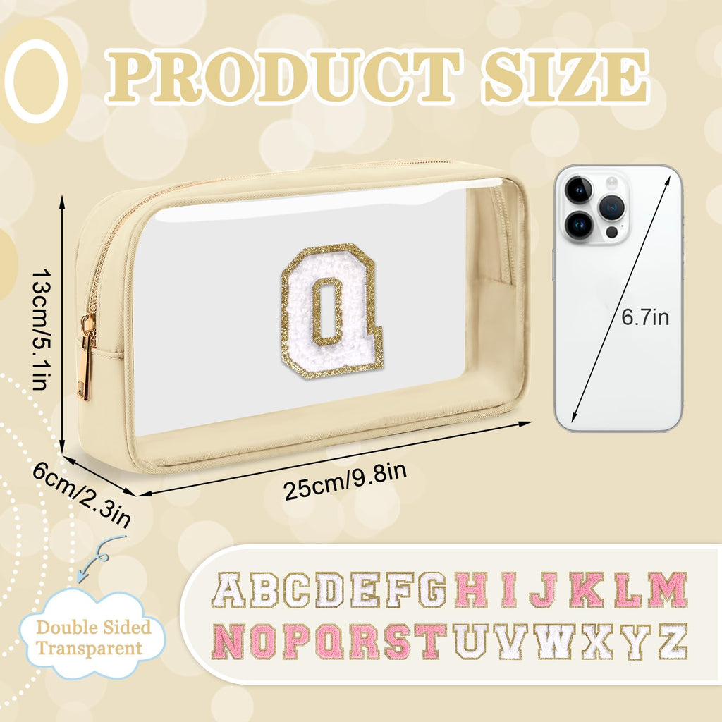 Small Clear Personalized Initial Makeup Bag, Preppy Nylon A-Z Chenille Letter Patch Makeup Organizer TSA Approved Travel Toiletry Bag,Waterproof Zip Beach Cosmetic Pouch Purse for Women(Beige-White Q)