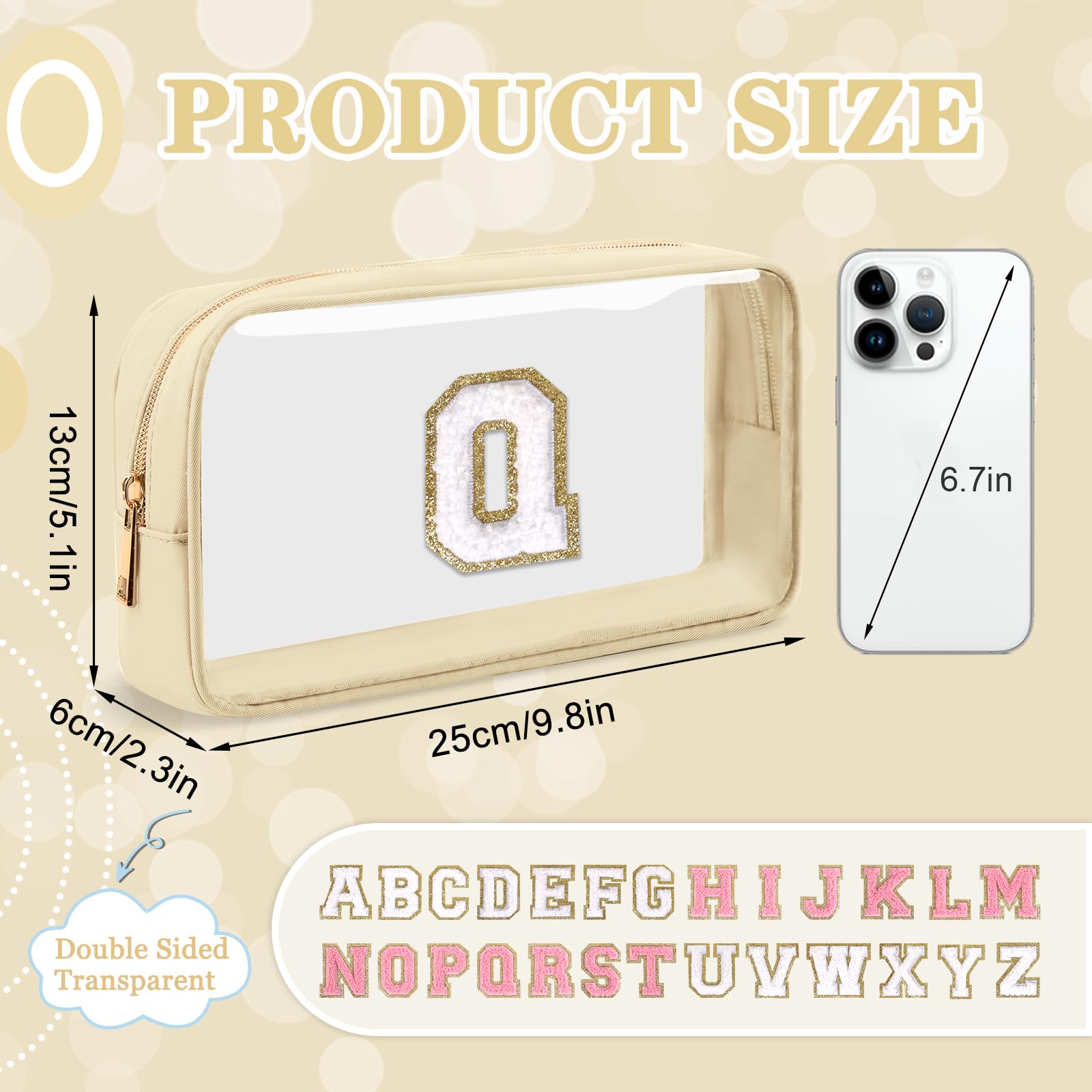 Small Clear Personalized Initial Makeup Bag, Preppy Nylon A-Z Chenille Letter Patch Makeup Organizer TSA Approved Travel Toiletry Bag,Waterproof Zip Beach Cosmetic Pouch Purse for Women(Beige-White Q)