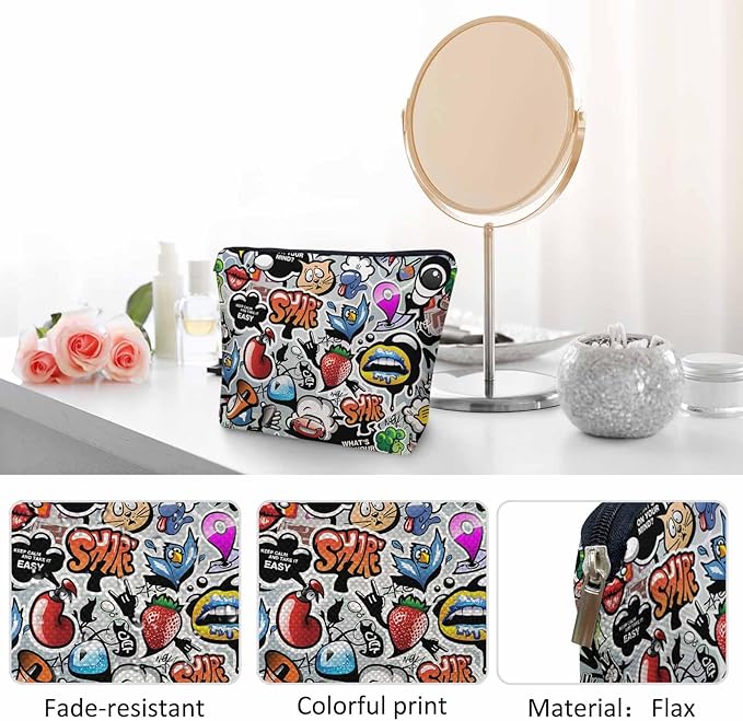 Kalygon Women Cosmetic Bag Graffiti, Rainbow Graffiti Social Media Signs Cute Makeup Bag For Purse Cosmetic Travel Bag For Toiletries Makeup Storage Bag Flax Skincare Bag Make Up Pouch Bags