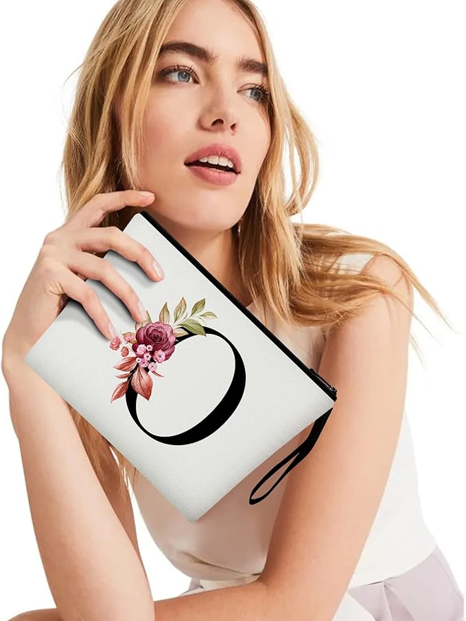 Vavabox A-Z Personalized Makeup Bag, Birthday Gifts for Women Mom, Gifts for Best Friend, Bride Bridesmaid Cosmetic bag (O, 01-White)