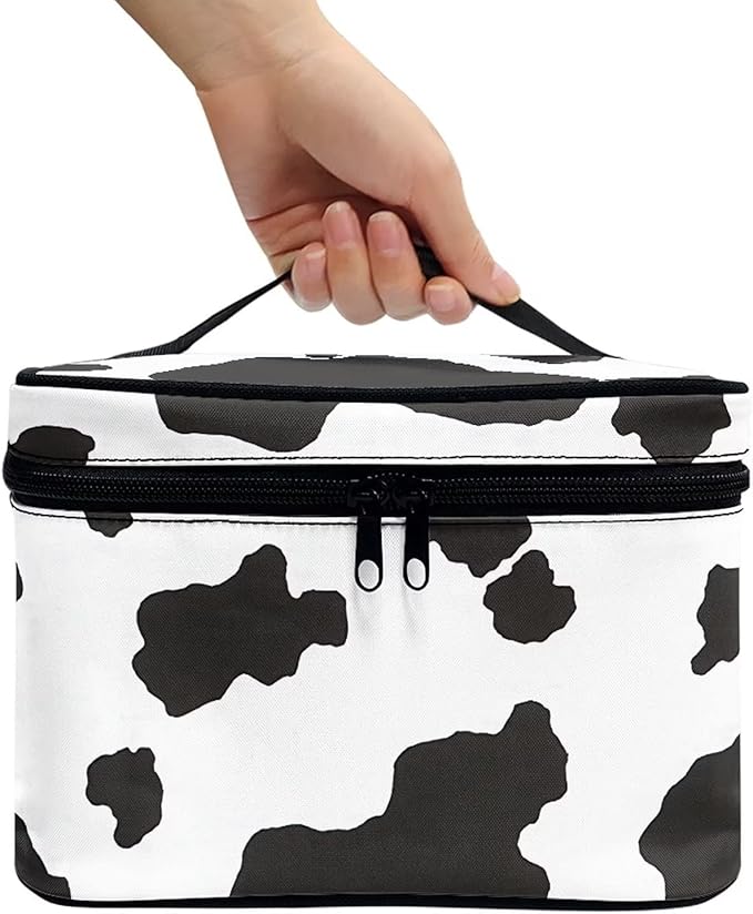 Drydeepin White Black Cow Cowhide Cute Print Portable Makeup Bags for Women Large Capacity Cosmetic Organizer and Storage Pouch with Zipper and Handle Travel Toiletry Accessories