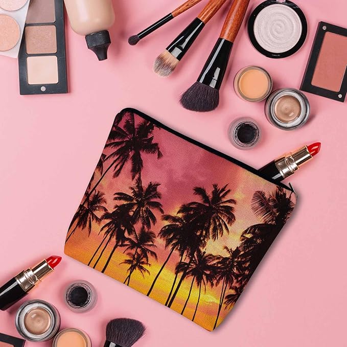 Kalygon Tropical Beach Makeup Bags Makeup Organizer, Hawaii Ocean Beach Palm Trees Sunset Flax Toiletry Bags Travel Cosmetic Bag Makeup Purse Pouch Skincare Bag Wallet Bags For Women Female Mom