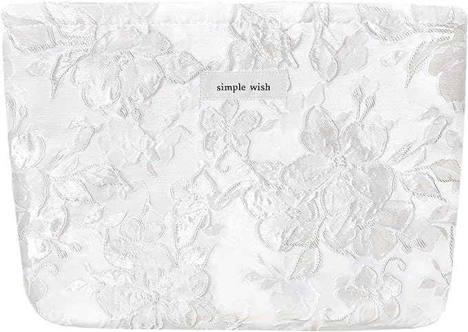 STARDW Aesthetic Floral Makeup Bag Cute Small Cosmetic Bags for Women Girls, Travel Toiletry Bag Large Capacity Zipper Makeup Pouch, Purse Organizer Pouches (Embossed white)