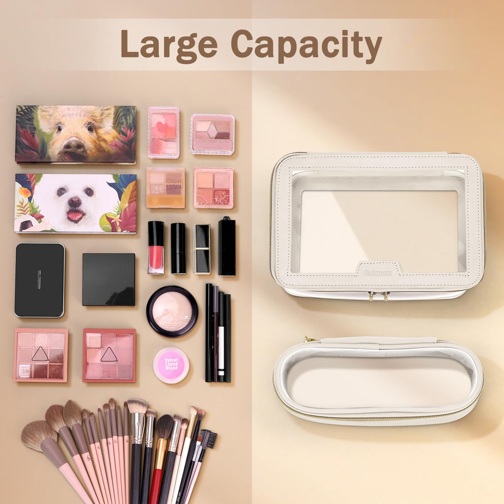 Soimeat Travel Clear Makeup Bag with Makeup Brush Bag, Leather Makeup Case Toiletry Bag, Portable Cosmetic Bag Case, Transparent Waterproof Cosmetic Organizer Storage Bag for Women, Medium, Off-White