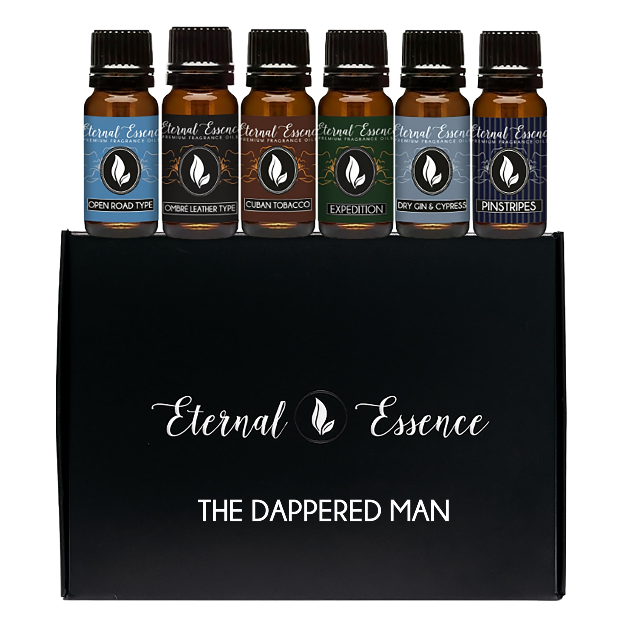 Eternal Essence Oils Dappered Man/Gentlemen Set of 6 Premium Fragrance Oils - Includes Cuban Tobacco, Dry Gin & Cypress, Expedition, Ombré Leather Type, Open Road Type, Pinstripes Scented Oils - 10ML