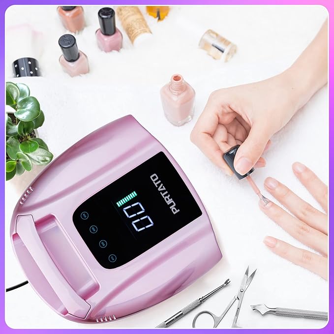 PURTATO Professional Rechargeable 96W UV LED Portable Cordless UV Light for Nail Lamp Machine with Removable Stainless Steel Bottom,4 Timer Setting and Smart Sensor Nail Dryer (Plating Pink)