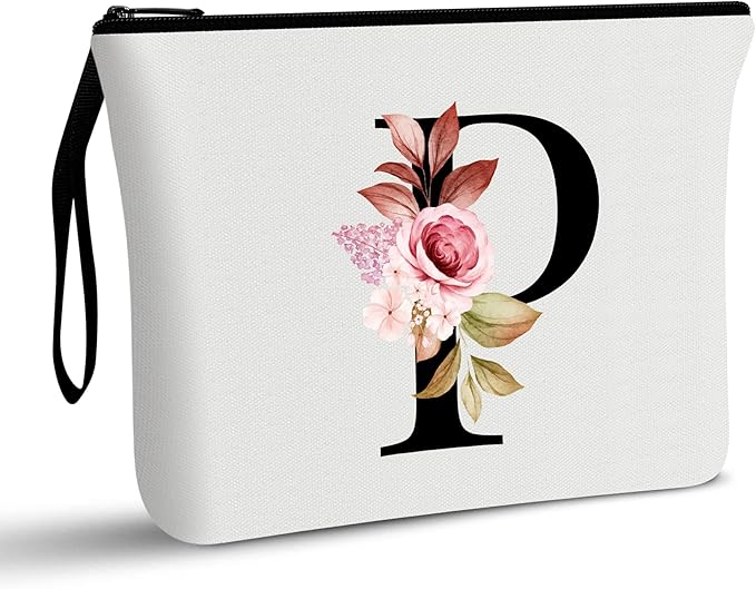 Vavabox A-Z Personalized Makeup Bag, Birthday Gifts for Women Mom, Gifts for Best Friend, Bride Bridesmaid Cosmetic bag (P, 01-White)