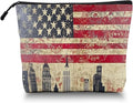 Scribesense Cosmetic Bags Travel Makeup Toilet Case Waterproof Pouch for Women Girls 6.7X9.45inches - American Flag And Urban Skyline Fusion