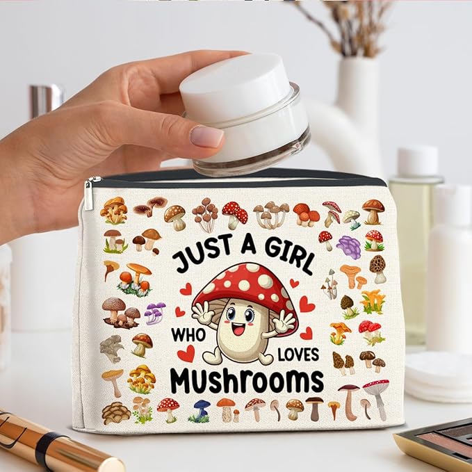 UPNEGE Mushroom Gifts Makeup Bag Mushroom Gifts for Women Teen Girls Sister Friend, Mushroom Lovers Gifts, Just a Girl Who Loves Mushrooms Zipper Makeup Pouch