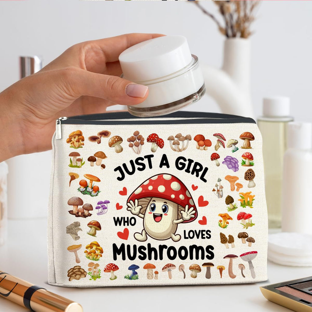 UPNEGE Mushroom Gifts Makeup Bag Mushroom Gifts for Women Teen Girls Sister Friend, Mushroom Lovers Gifts, Just a Girl Who Loves Mushrooms Zipper Makeup Pouch