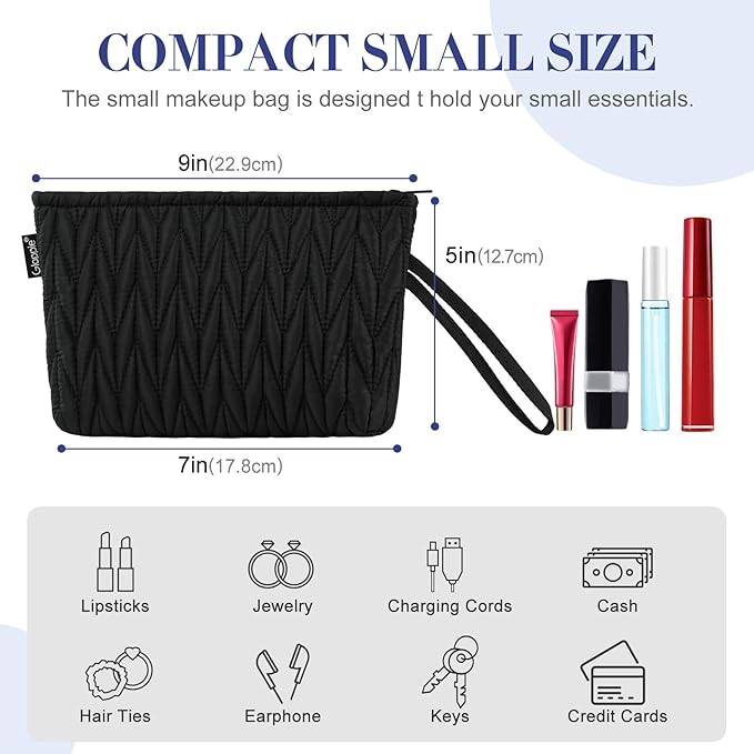 Gloppie Makeup Bag for Purse Small Puffy Cosmetic Bag Wristlet Pouch Black