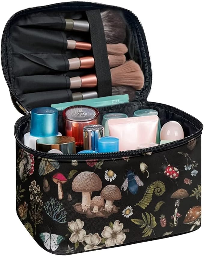 Drydeepin Dark Cottagecore Forest Mystical Moss Mushroom Print Makeup Travel Bag Portable Cosmetic Bags with Handle Travel Accessories Large Toiletry Bags for Traveling Women Organizer and Storage