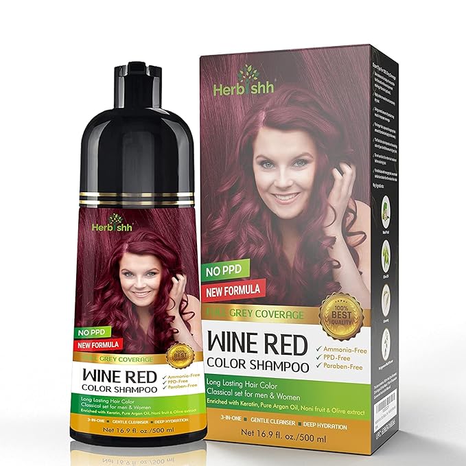 Herbishh Color Shampoo for Gray Hair Coverage (Wine Red) –Hair Dye 3-in-1 Shampoo- Colors in Minutes – Lasts Up To 2-3 Weeks – 500 mL – Ideal for Men & Women