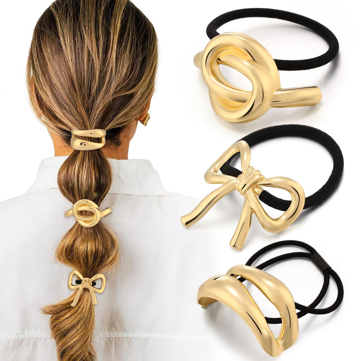 2PCS Gold Hair Ties for Women - Metal Hair Accessories for Thick Hair, Elegant and Durable Geometric Design, Ponytail Cuffs Stretchy Non-Damage