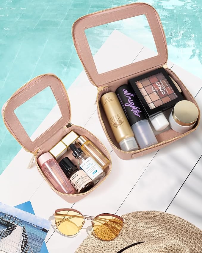 KOTORA Sunscreen Bag Clear Makeup Set,Portable Travel Toiletry Pouch Beach Vacation Essentials for Women, Vegan Leather Cosmetic Pouch Car Essentials Pink Car Accessories for Girls (Nude Pink) T