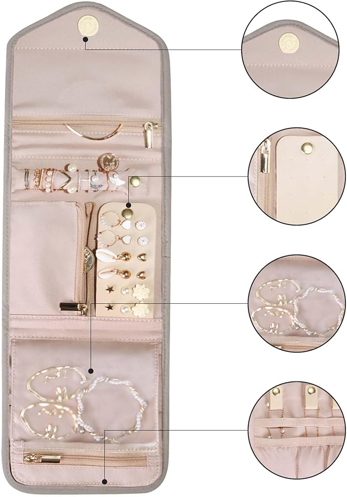 BAGSMART Travel Jewelry Organizer Case Foldable Jewelry Roll,Warm Gray