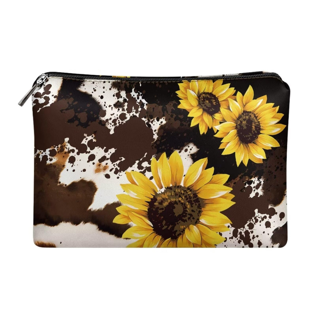 COEQINE Sunflower Cosmetic Bag for Women Leather Soft Cosmetic Bag With Black Cosmetic Purse for Travel Birthday Party Cow Print Cosmetic Purse With Zipper for Ladies Cell Phone Purse