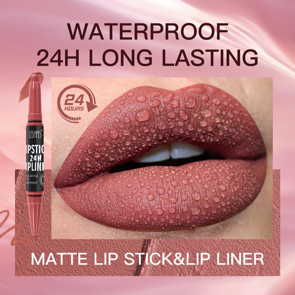 USHAS 3Pcs Lipstick and Lip Liner Combo Set 2 in 1 Makeup Kits Long Lasting and Waterproof Nude Matte Lipstick For Women (Set 1 (10+11+12), 3Pcs)