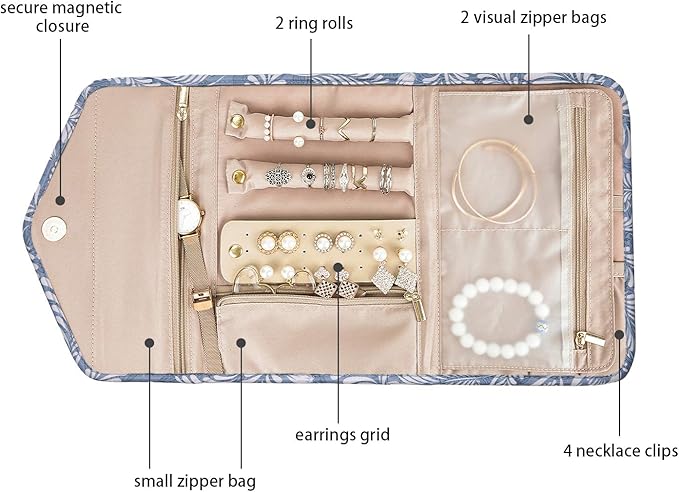 BAGSMART Travel Jewelry Organizer Roll Foldable Jewelry Case, White Leaf