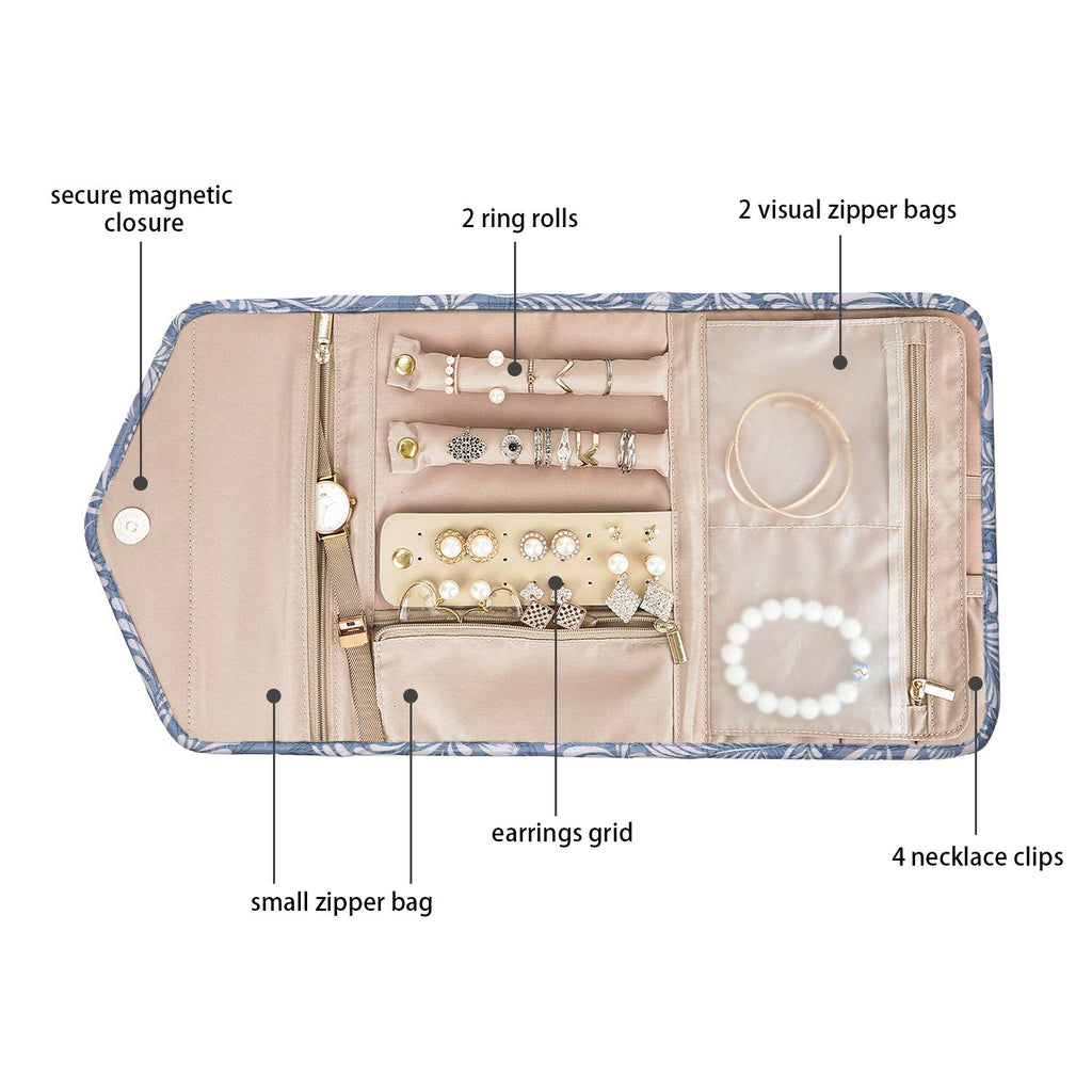 BAGSMART Travel Jewelry Organizer Roll Foldable Jewelry Case, White Leaf
