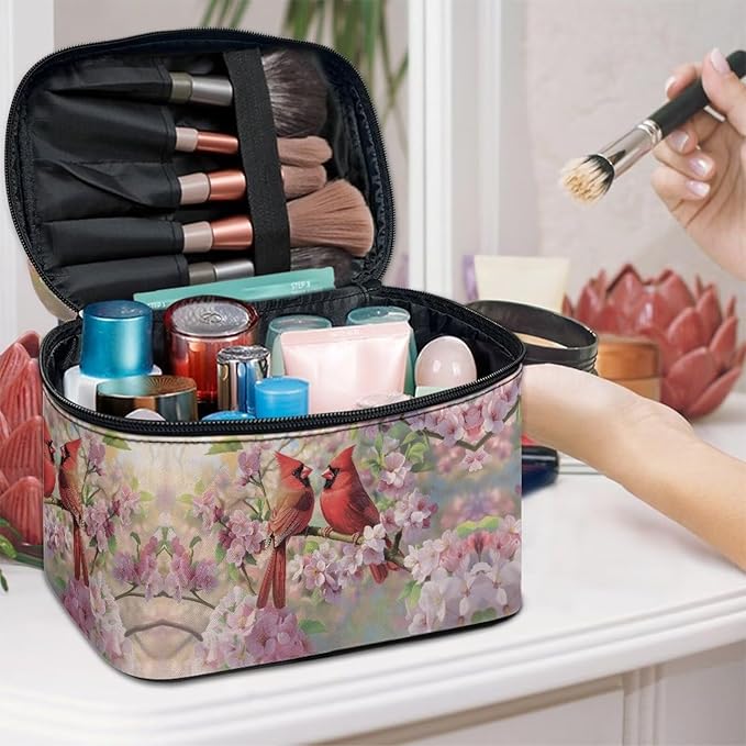 Drydeepin Cardinal Pink Cherry Blossom Print Travel Makeup Bags for Women Portable Tote Cosmetic Case with Carry Handle Toiletry Accessories Storage Organizer Bags