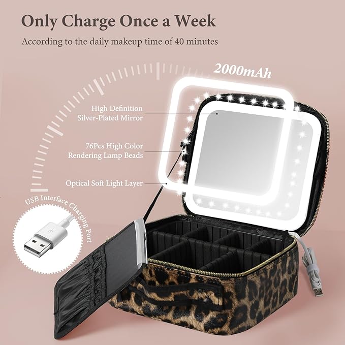 Behaesty Travel Makeup Bag with LED Lighted Mirror, Cosmetic Makeup Organizer Bag with 3 Color Setting, Makeup Train Case with Adjustable Dividers for Women Makeup Brushes Jewelry Accessories
