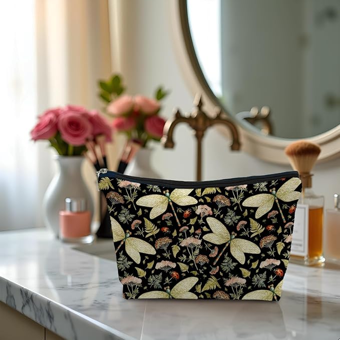 SAFDSGFDB Vintage Floral Dragonfly Makeup Bag, Dragonfly Gifts Cosmetic Bags for Women, Dark Cottagecore Floral Botanical Insects Portable Travel Toiletry Bag Zipper Makeup Pouch