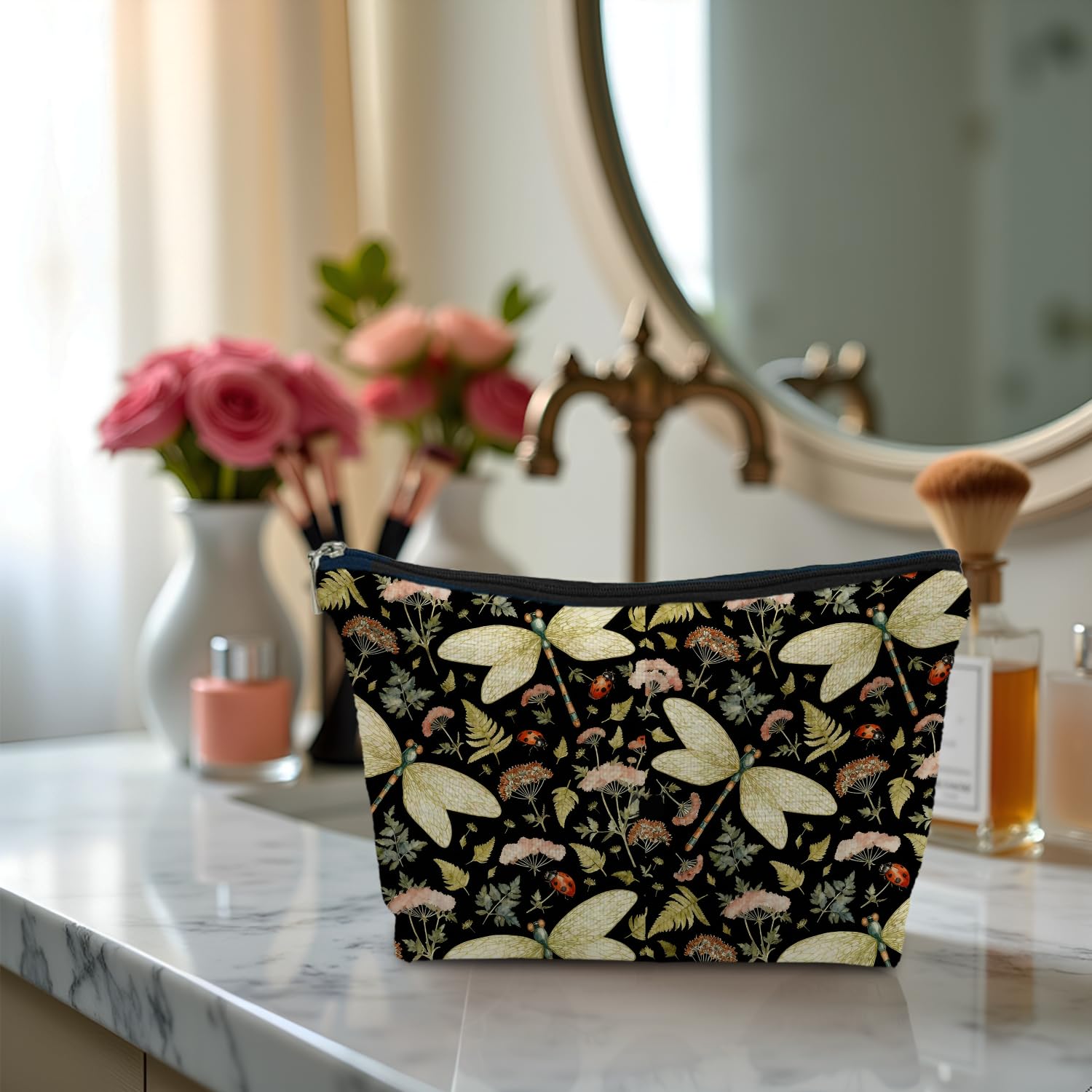 SAFDSGFDB Vintage Floral Dragonfly Makeup Bag, Dragonfly Gifts Cosmetic Bags for Women, Dark Cottagecore Floral Botanical Insects Portable Travel Toiletry Bag Zipper Makeup Pouch