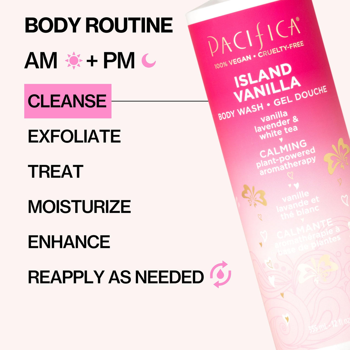 Pacifica Island Vanilla Body Wash Aloe + Hyaluronic Acid, Daily Cleansing, Bath & Shower Gel, Essential Oils, Clean, Vegan + Cruelty & Paraben Free, Clean Beauty Vegan Dermatologist Tested, 12 Fl Oz