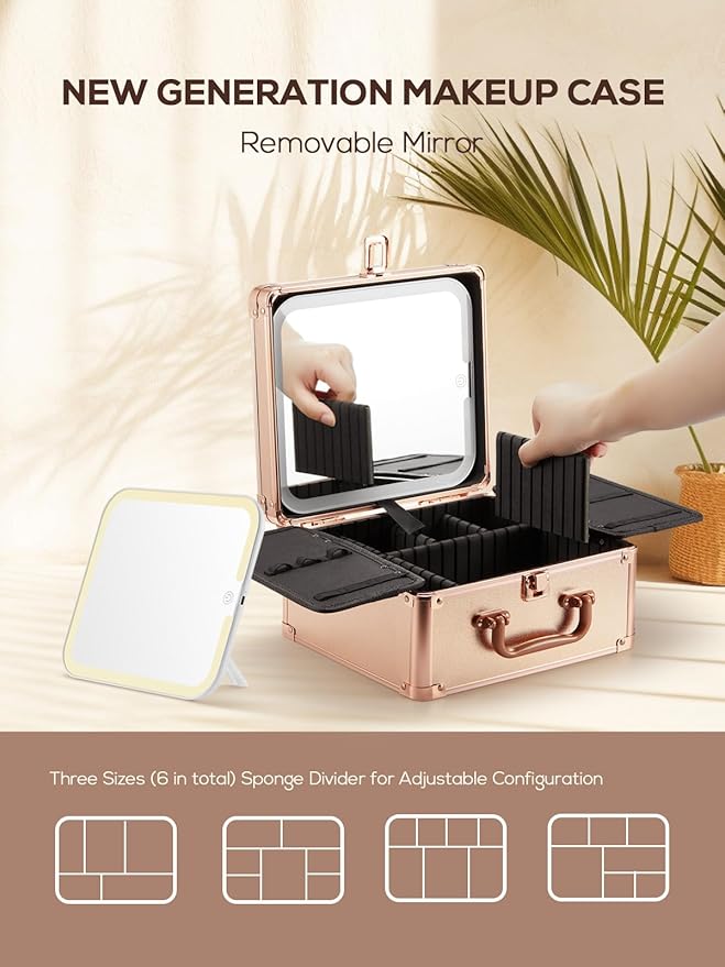 OMIRO Makeup Case, Travel Makeup Bag with Light Up Mirror Set, Makeup Organizer Box with Magnet Travel Makeup Mirror for Women (Rose Gold)