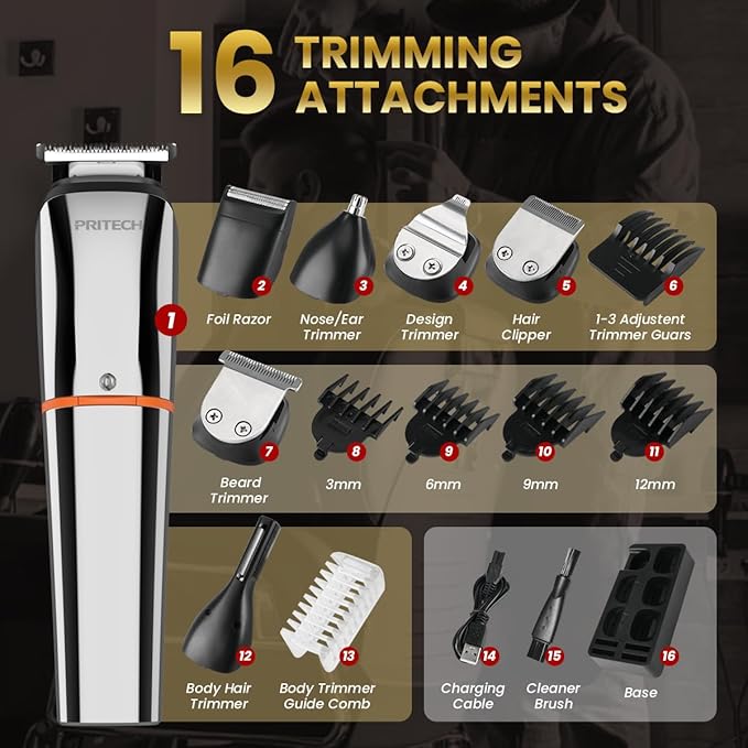 PRITECH Men's Grooming Kit, 6-in-1 Beard Trimmer & Hair Clipper, Cordless