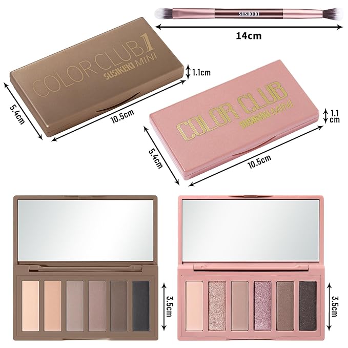SUSIKEKI 2PCS Neutral Nude Matte Shimmer Eyeshadow Palette - 6 Colors Mini Travel Size, Highly Pigmented Brown & Pink Eye shadow, Long Lasting Vegan Makeup Palette with Brush Set for Daily Use