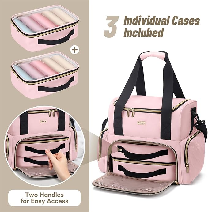 BAFAMYE Large Makeup Cosmetic Bag with 2 Removable Case, Double Layer Travel Makeup Organizer Case, travel Toiletry Bag For Women, Pink
