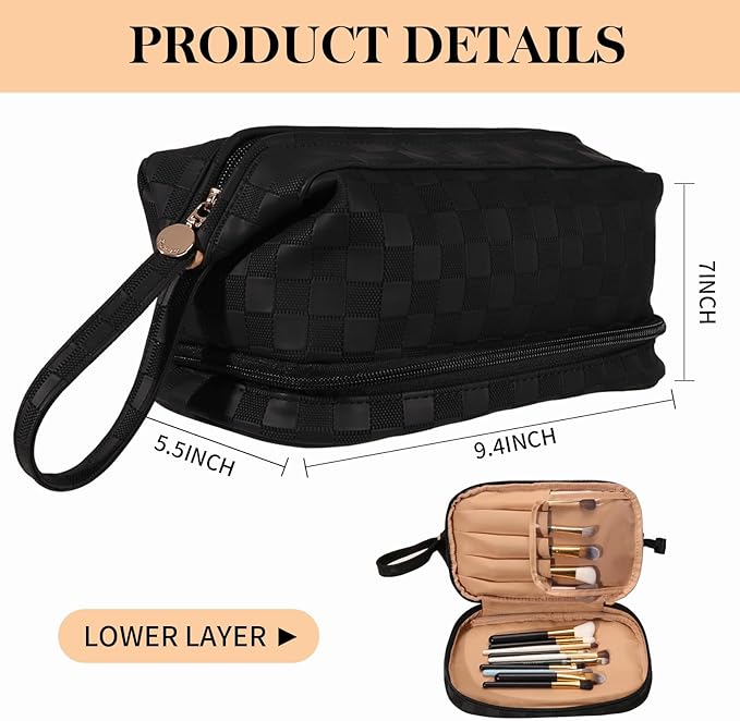Abiudeng Large Makeup Bag for Women,Travel Makeup Organizer with Brush Holder, Dopp Kit Essentials,Waterproof Checkered Cosmetic Bag for Traveling,Multi Compartment,Cute,Spacious Capacity-Black