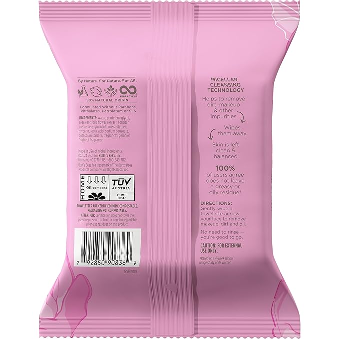 Burts Bees Micellar Rose Water Facial Towelettes, 100% Plant Based Cloth; 99% Natural Origin; Remove Makeup, Cleanse, Hydrate; No Greasy, Oily Residue; All Skin Types; 30 Ct, Pack of 3 (Pack May Vary)