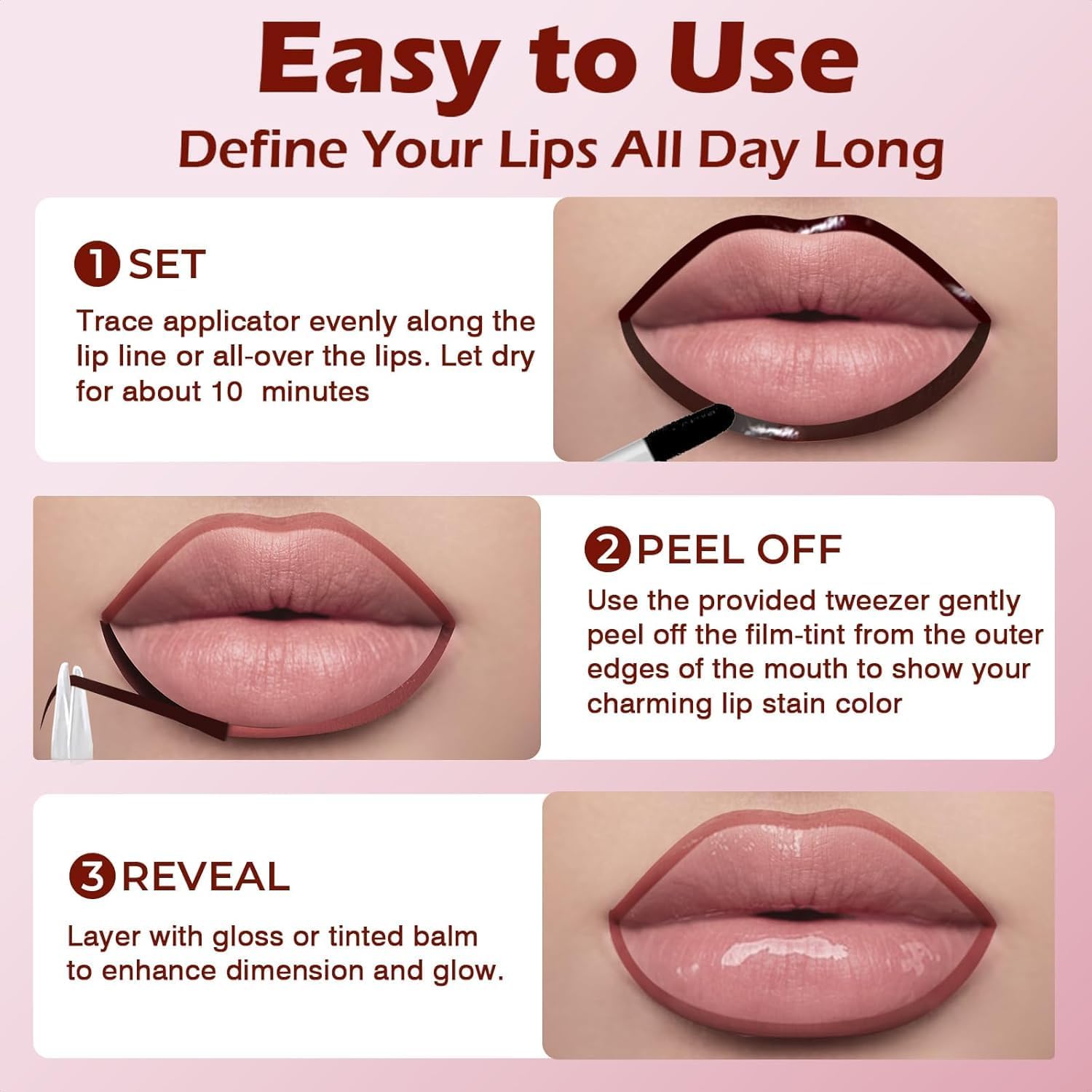 QCMME Lip Liner Stain Peel Off with Tweezer, Long Lasting Matte Lip Tattoo, Highly Pigmented Color Lip Makeup, Waterproof, Transfer-proof Lipstain for Women, COCOA