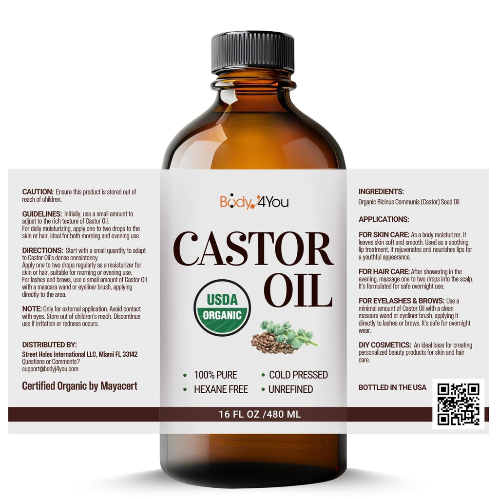 BodyJ4You Castor Oil for Eyelashes Eyebrows - 100% Pure Natural USDA Organic Cold Pressed - Hydrating Skin Hair Growth Oil Lashes Scalp - Non-GMO Hexane Free Unrefined Carrier - Glass Bottle 16 Fl Oz