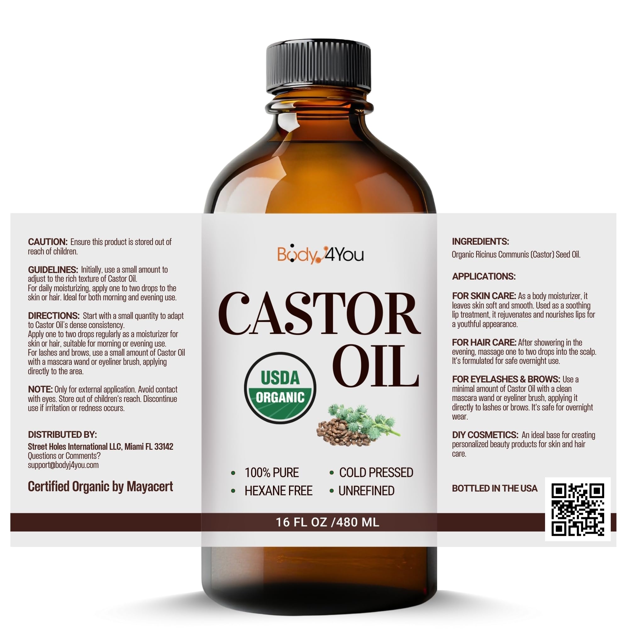 BodyJ4You Castor Oil for Eyelashes Eyebrows - 100% Pure Natural USDA Organic Cold Pressed - Hydrating Skin Hair Growth Oil Lashes Scalp - Non-GMO Hexane Free Unrefined Carrier - Glass Bottle 16 Fl Oz