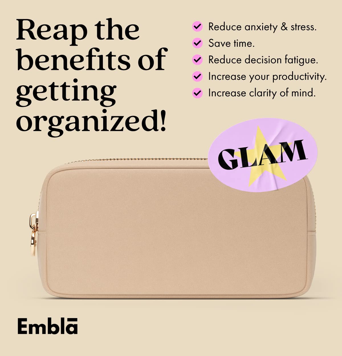 Embla Medium Travel Makeup Bag and Waterproof Nylon Travel Toiletry Bag with Smooth Zipper, Compact Slim Cosmetic Pouch, Beige