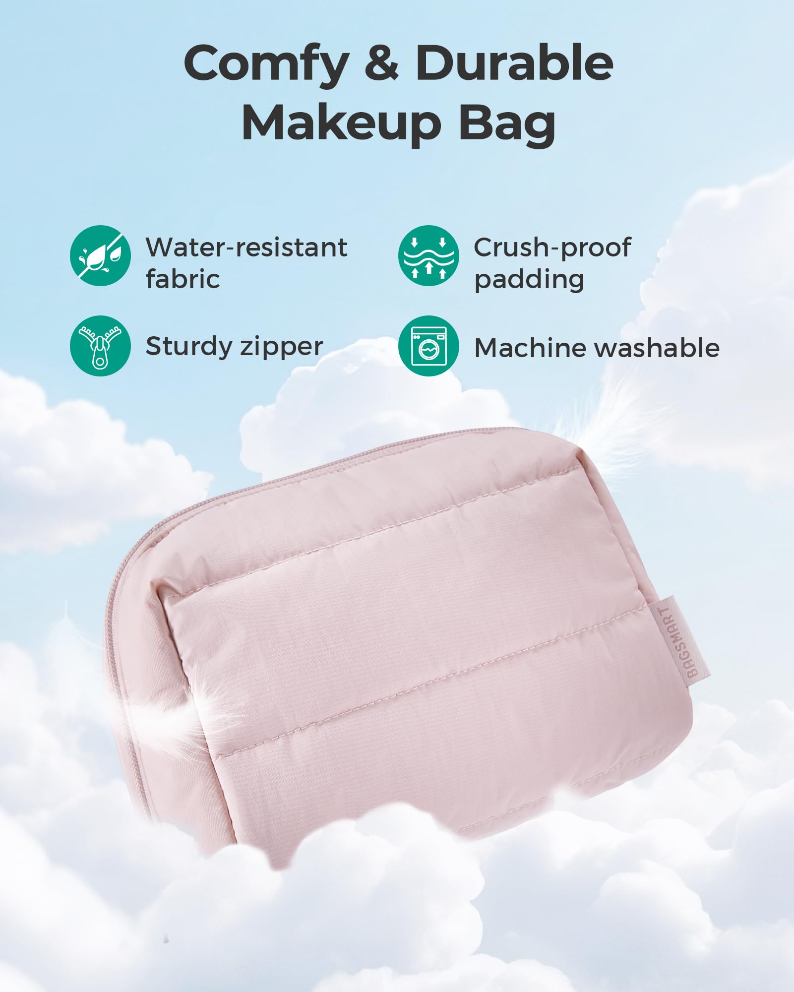 BAGSMART Puffy Makeup Bag, Wide Opening Cosmetic Organizer, Soft Water-Resistant Travel Toiletry Pouch for Women for Purse, Compact & Spacious