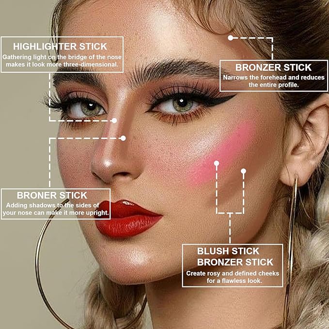 3Pcs Contour Stick Makeup Set, Shades with Highlighter Blush Bronzer Stick Kit for Sculpt the Cheeks and All Skin Type, Longwear Smooth Non-greasy Formula for All Skin Types, Mature