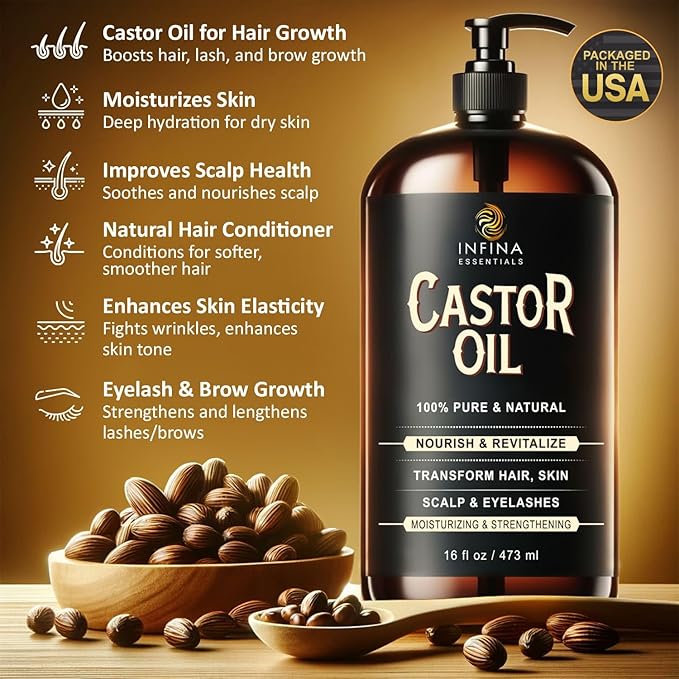 Pure Cold Pressed Castor Oil, Hexane Free Glass Bottle Unrefined, 16 fl oz