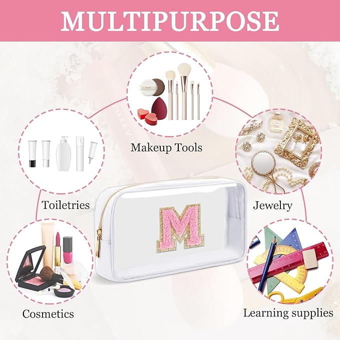 Small Clear Personalized Initial Makeup Bag,Nylon Preppy A-Z Chenille Letter Patch Cosmetic Pouch Beach Toiletry Bag,Waterproof Zipper Travel Purse Storage Bag Organizer for Women Girls(White-Pink M)