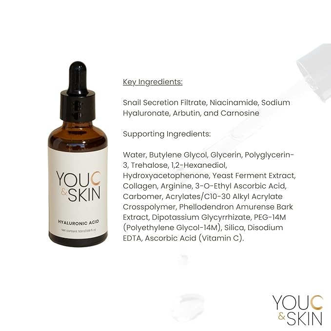 You C & Skin Hyaluronic Acid Serum with Snail Mucin + Niacinamide + Alpha-Arbutin – Glass Skin Hydration Serum, Pore Minimizing, Radiance-Boosting – All Skin Types – 1.7 fl oz