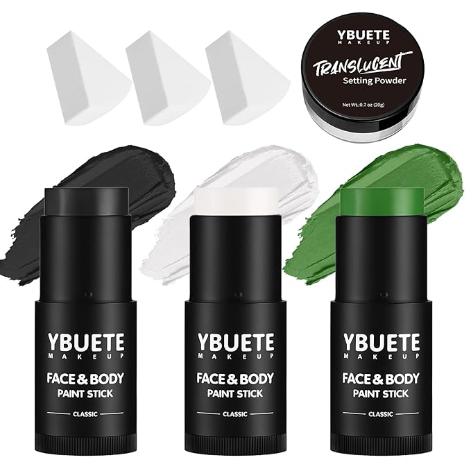 YBUETE Black White Green Face Body Paint Stick Set for Halloween Cosplay